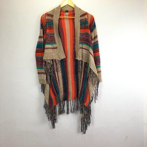 Poof! MultiColor Striped Loose Knit Open Front Fringed Sweater Women's Size S